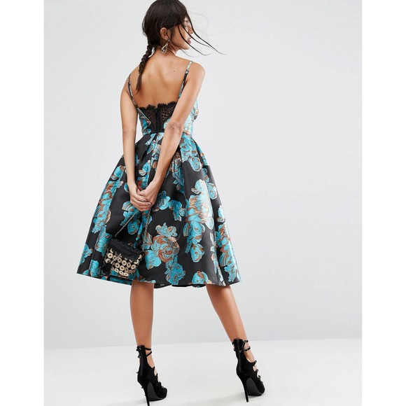 ASOS Salon Womens Metallic Flower Jacquard Midi Dress Blue Black Size 12 Prom - Picture 14 of 16